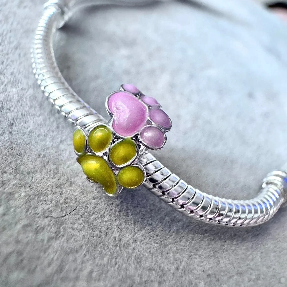 Pink Yellow Paw Print Bead Charm fits PANDORA
